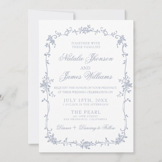 Dusty Blue Floral Botanical Photo QR Code Wedding 招待状 (正面)