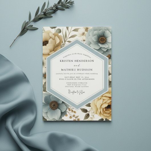 Dusty Blue Floral Botanical Wedding 招待状