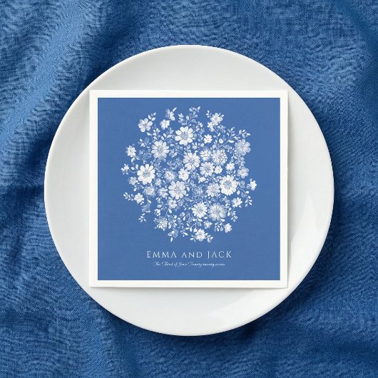Dusty Blue Floral Bouquet Wedding names and date スタンダードカクテルナプキン