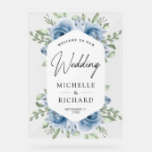 Dusty Blue Floral Bouquet Wedding Welcome アクリルサイン (正面)