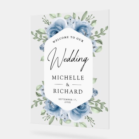Dusty Blue Floral Bouquet Wedding Welcome アクリルサイン (傾斜)
