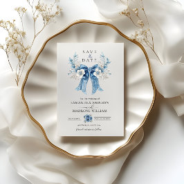 Dusty Blue Floral Bow Save the Date Wedding Card セーブザデート