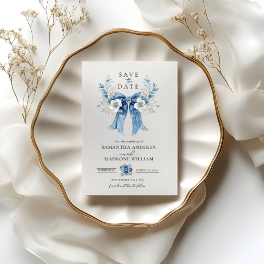 Dusty Blue Floral Bow Save the Date Wedding Card セーブザデート