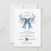 Dusty Blue Floral Bow Save the Date Wedding Card セーブザデート (正面)