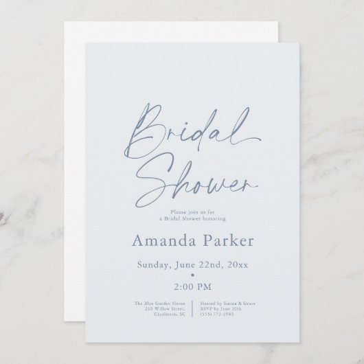 Dusty Blue Floral Bridal Shower 招待状 (正面/裏面)