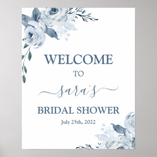Dusty Blue Floral Bridal Shower Welcome sign ポスター (正面)