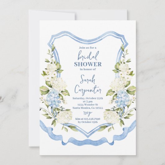 Dusty Blue Floral Crest Bridal Shower 招待状 (正面)