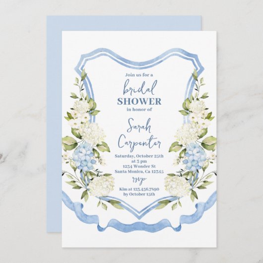Dusty Blue Floral Crest Bridal Shower 招待状 (正面/裏面)