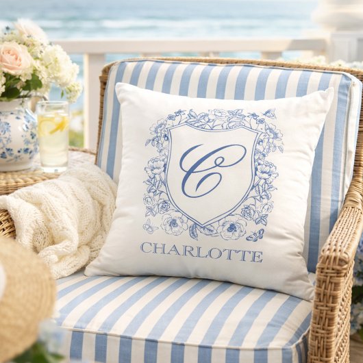 Dusty Blue Floral Crest Monogram Name クッション