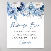 Dusty Blue Floral Elegant Modern Mimosa Bar Sign ポスター (正面)
