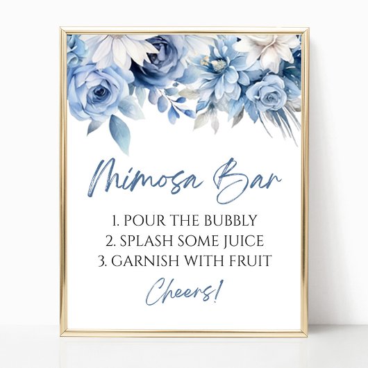 Dusty Blue Floral Elegant Modern Mimosa Bar Sign ポスター