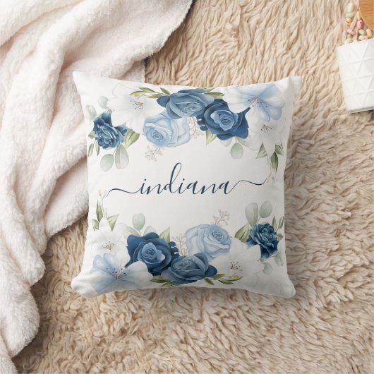 Dusty Blue Floral Elegant Monogram クッション (ブランケット)