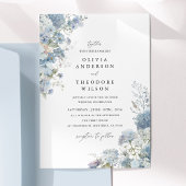 Dusty Blue Floral Elegant Photo Back Wedding 招待状