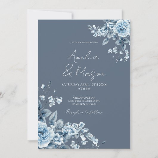 Dusty Blue Floral Elegant Script Wedding  招待状 (正面)