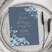 Dusty Blue Floral Elegant Script Wedding  招待状