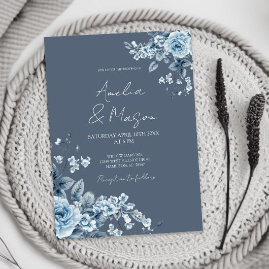 Dusty Blue Floral Elegant Script Wedding  招待状