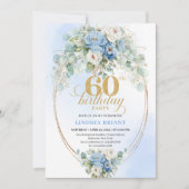 Dusty Blue Floral Eucalyptus 60th Birthday Invites 招待状 (正面)