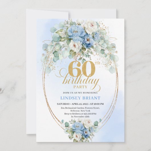 Dusty Blue Floral Eucalyptus 60th Birthday Invites 招待状 (正面)