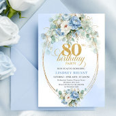 Dusty Blue Floral Eucalyptus Gold 80th Birthday 招待状