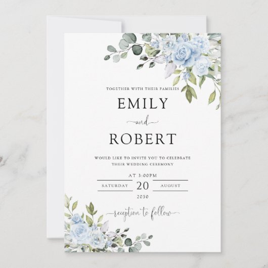 Dusty Blue Floral Eucalyptus Wedding Invitation 招待状 (正面)