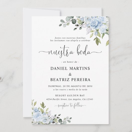 Dusty Blue Floral Eucalyptus Wedding Invitation 招待状 (正面)