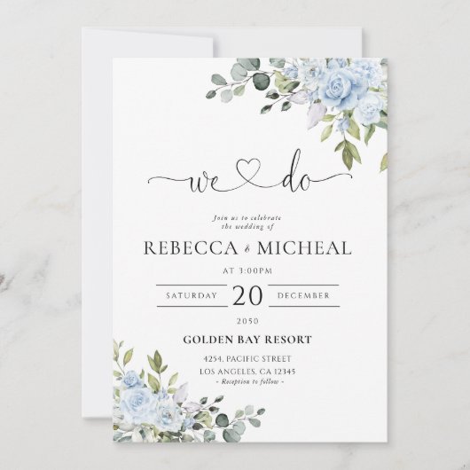 Dusty Blue Floral Eucalyptus Wedding Invitation 招待状 (正面)