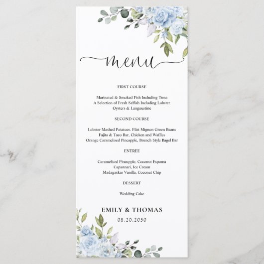 Dusty Blue Floral Eucalyptus Wedding Menu メニュー (正面)