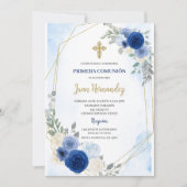 Dusty Blue Floral First Communion Invitation 招待状 (正面)