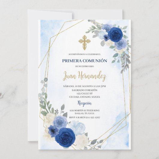 Dusty Blue Floral First Communion Invitation 招待状 (正面)