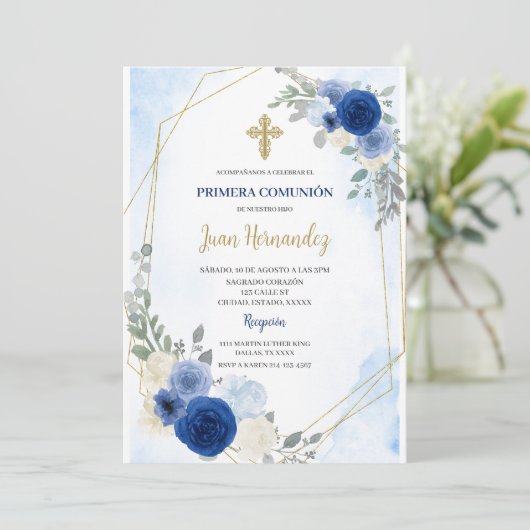 Dusty Blue Floral First Communion Invitation 招待状 (スタンド正面)