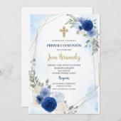Dusty Blue Floral First Communion Invitation 招待状 (正面/裏面)