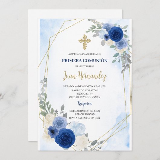 Dusty Blue Floral First Communion Invitation 招待状 (正面/裏面)