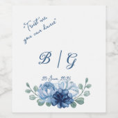 Dusty Blue Floral Funny Monogram Wedding ワインラベル (シングルラベル)