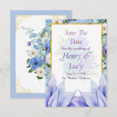 Dusty Blue Floral Garden Save the Date セーブザデート (正面/裏面)