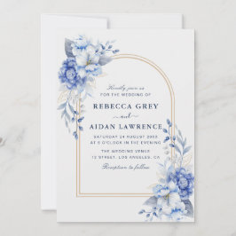 Dusty Blue Floral Gold arch Watercolor Art 招待状