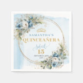 Dusty Blue Floral Gold Boho Quinceañera Napkins スタンダードカクテルナプキン (正面)