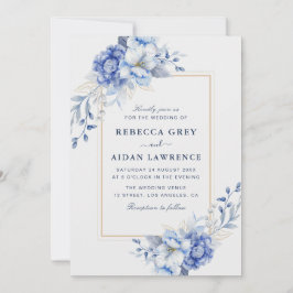 Dusty Blue Floral Gold Border Watercolor Art 招待状