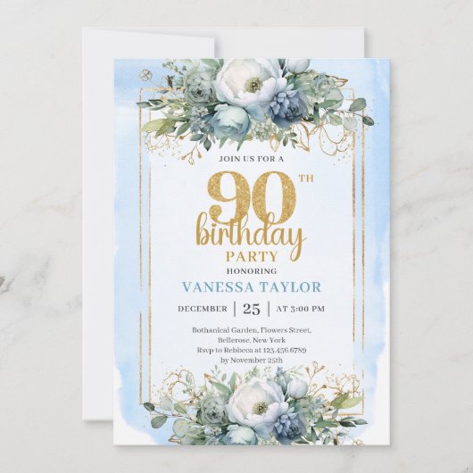 Dusty Blue Floral Gold Chic 90th Birthday Invites 招待状 (正面)