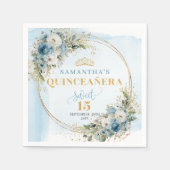 Dusty Blue Floral Gold Frame 15th Birthday Napkins スタンダードカクテルナプキン (正面)
