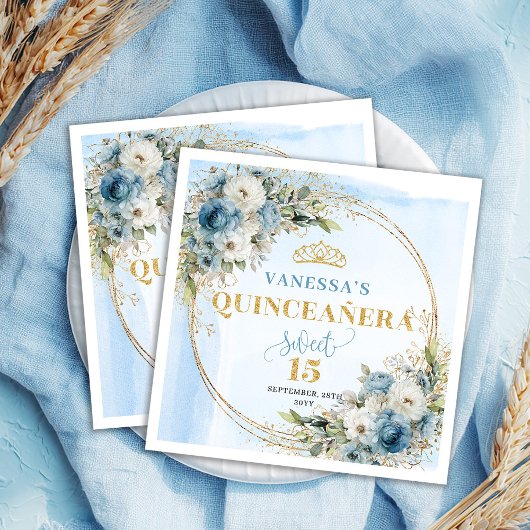 Dusty Blue Floral Gold Frame 15th Birthday Napkins スタンダードカクテルナプキン