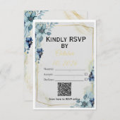 Dusty Blue Floral Gold Geometric Wedding Suite 出欠カード (正面/裏面)