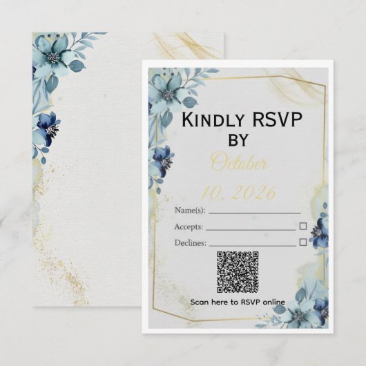 Dusty Blue Floral Gold Geometric Wedding Suite 出欠カード (正面/裏面)