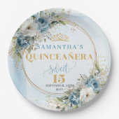 Dusty Blue Floral Gold Glitter Custom Quince Plate ペーパープレート (正面)