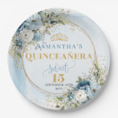 Dusty Blue Floral Gold Glitter Personalized Plates ペーパープレート (正面)