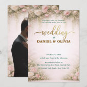 Dusty Blue Floral Gold Script Photo Overlay 招待状 (正面/裏面)