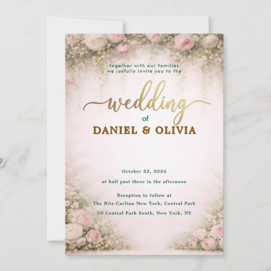 Dusty Blue Floral Gold Script Photo Overlay 招待状 (正面)
