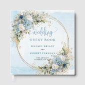 Dusty Blue Floral Greenery Gold Glitter Wedding ゲストブック (正面)