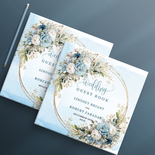 Dusty Blue Floral Greenery Gold Glitter Wedding ゲストブック