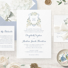 Dusty Blue Floral Greenery Monogram Crest Wedding  招待状