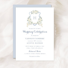Dusty Blue Floral Greenery Monogram Crest Wedding 招待状